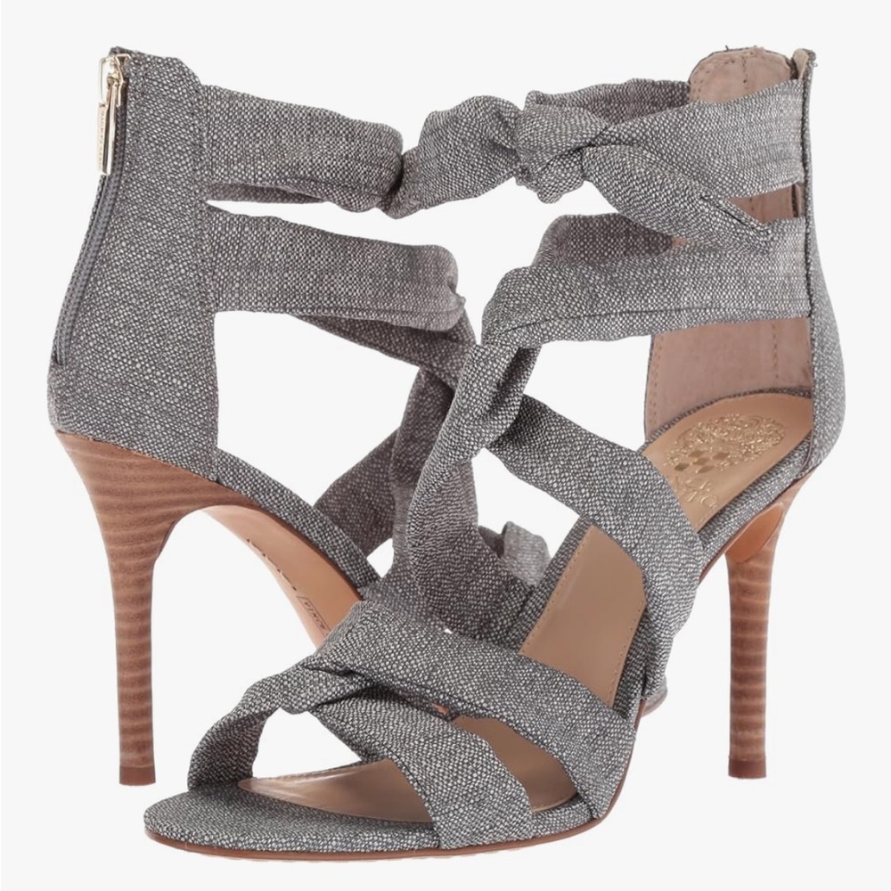 Like New Vince Camuto Chania Grey Linen High Heel Sandal Size 7.5
